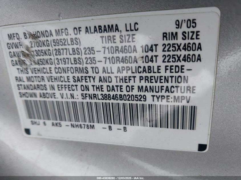2006 Honda Odyssey Touring VIN: 5FNRL38846B020529 Lot: 43836280