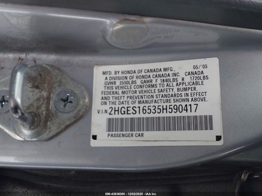 2005 Honda Civic Lx VIN: 2HGES16535H590417 Lot: 43836300