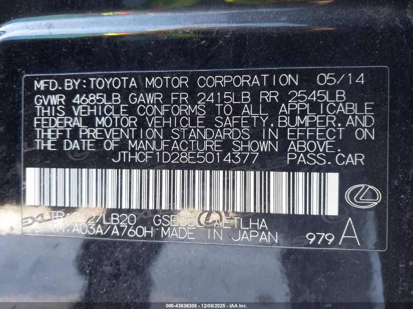 2014 Lexus Is 250 VIN: JTHCF1D28E5014377 Lot: 43836308