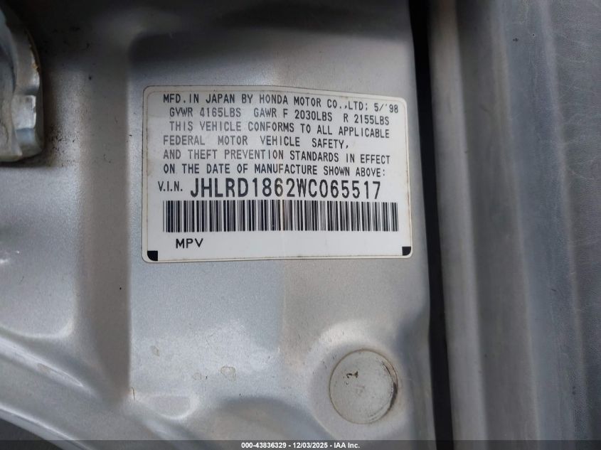 1998 Honda Cr-V Ex VIN: JHLRD1862WC065517 Lot: 43836329