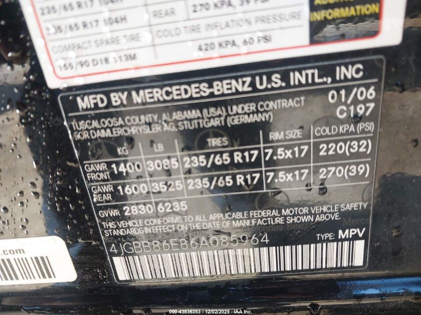 2006 Mercedes-Benz Ml 350 4Matic VIN: 4JGBB86E86A085964 Lot: 43836353