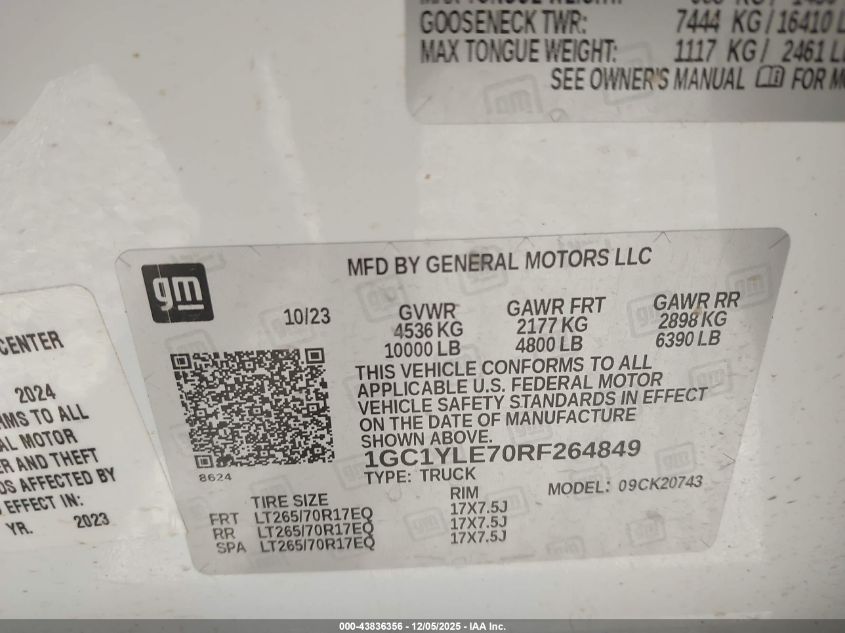 2024 Chevrolet Silverado 2500Hd 4Wd Standard Bed Work Truck VIN: 1GC1YLE70RF264849 Lot: 43836356