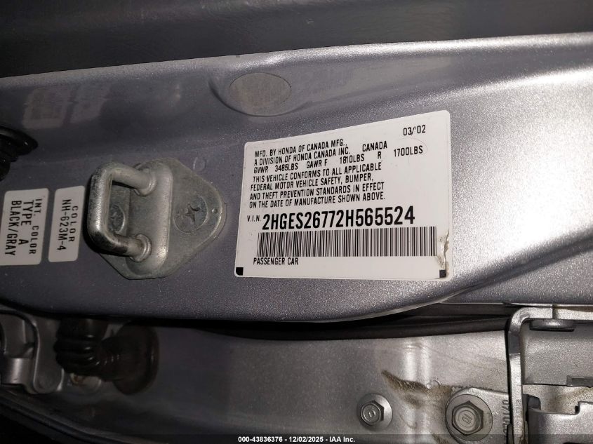 2002 Honda Civic Ex VIN: 2HGES26772H565524 Lot: 43836376