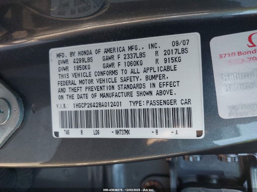 2008 Honda Accord 2.4 Lx-P VIN: 1HGCP26428A012401 Lot: 43836378