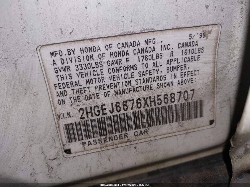 1999 Honda Civic Lx VIN: 2HGEJ6676XH568707 Lot: 43836381