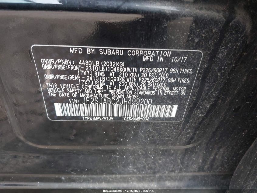 2018 Subaru Forester 2.5I VIN: JF2SJABC2JH499200 Lot: 43836390