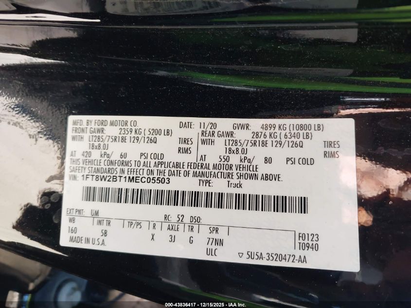 2021 Ford F-250 Lariat VIN: 1FT8W2BT1MEC05503 Lot: 43836417