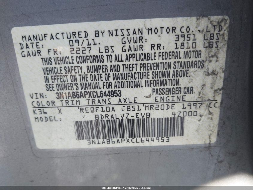 2012 Nissan Sentra 2.0 S VIN: 3N1AB6APXCL64495 Lot: 43836416