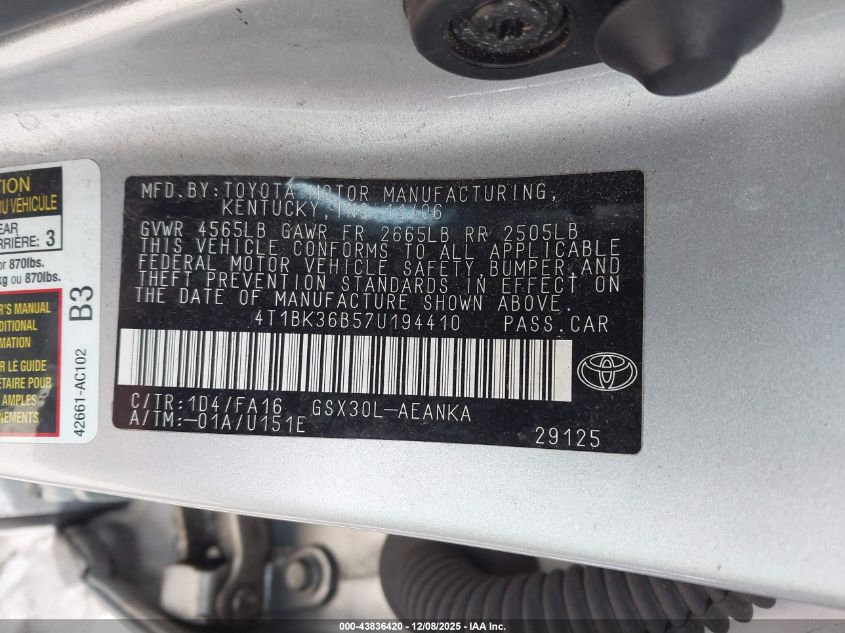 2007 Toyota Avalon Xl VIN: 4T1BK36B57U194410 Lot: 43836420