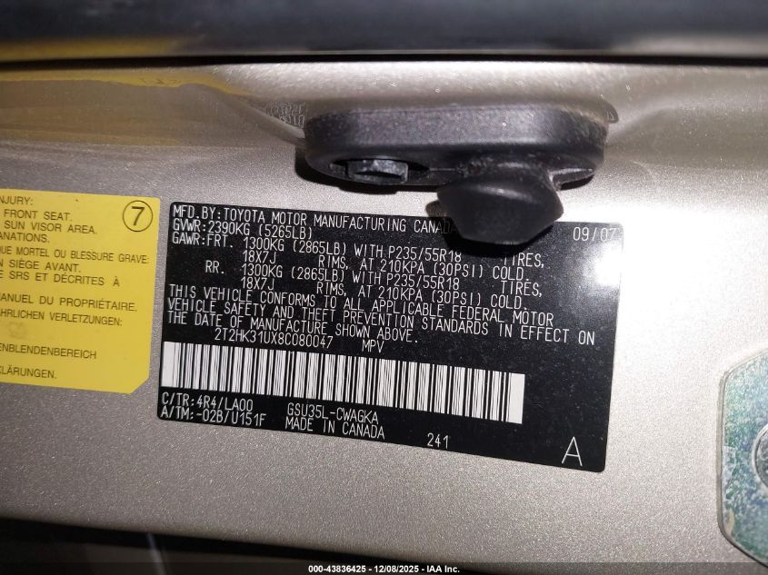 2008 Lexus Rx 350 VIN: 2T2HK31UX8C080047 Lot: 43836425