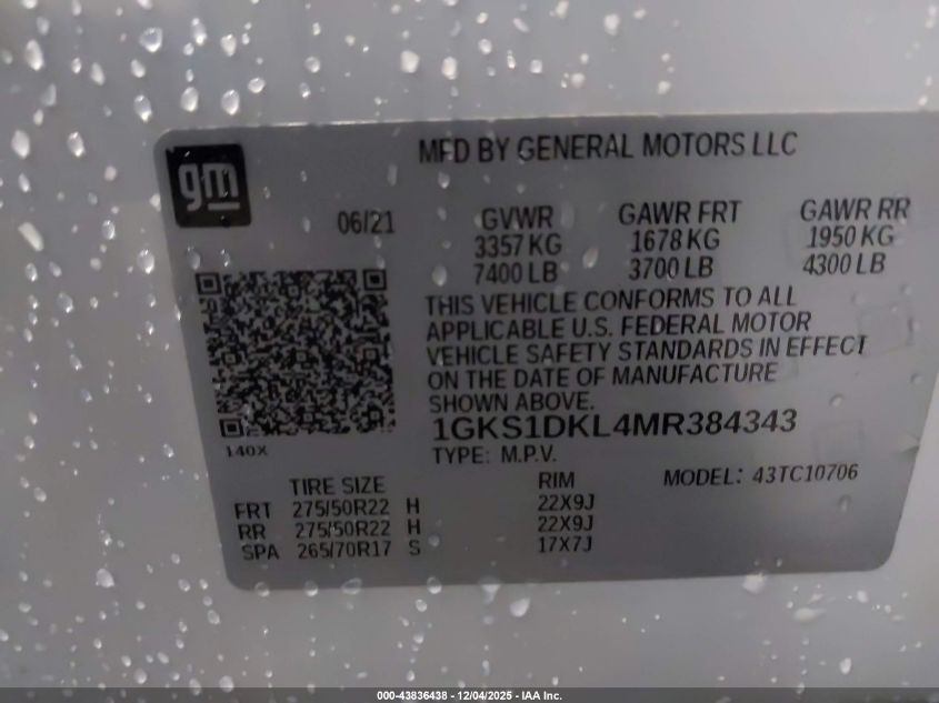 2021 GMC Yukon 2Wd Denali VIN: 1GKS1DKL4MR384343 Lot: 43836438