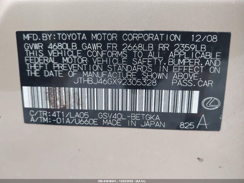 2009 Lexus Es 350 VIN: JTHBJ46GX92305328 Lot: 43836441