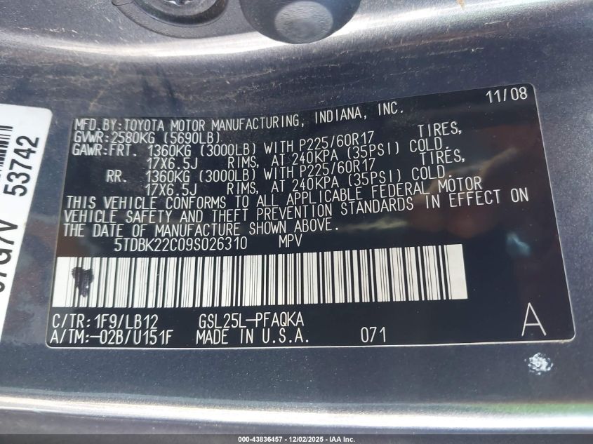 2009 Toyota Sienna Xle VIN: 5TDBK22C09S026310 Lot: 43836457