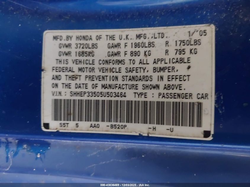2005 Honda Civic Si VIN: SHHEP33505U503464 Lot: 43836469