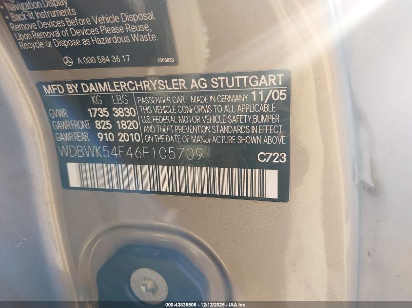 2006 Mercedes-Benz Slk 280 VIN: WDBWK54F46F105709 Lot: 43836506
