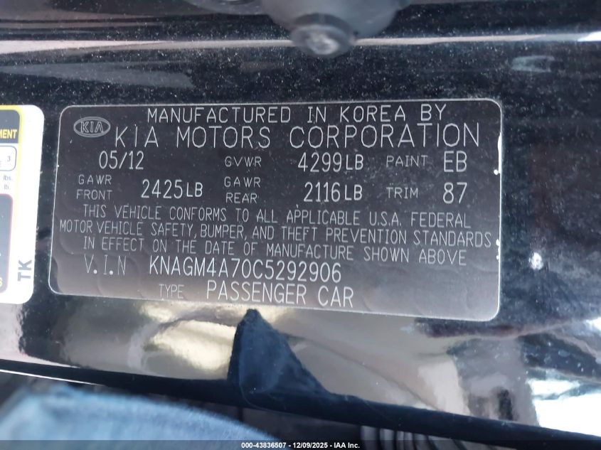 2012 Kia Optima Lx VIN: KNAGM4A70C5292906 Lot: 43836507