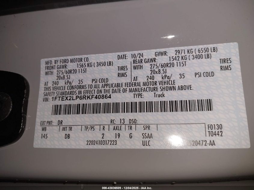 2024 Ford F-150 Stx VIN: 1FTEX2LP6RKF40864 Lot: 43836509