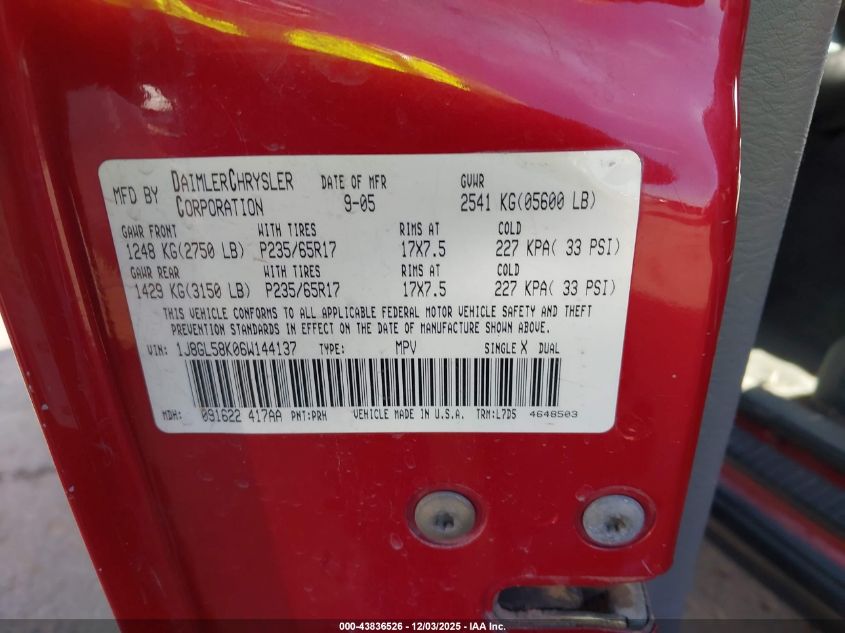 2006 Jeep Liberty Limited Edition VIN: 1J8GL58K06W144137 Lot: 43836526