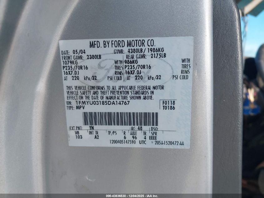 2005 Ford Escape Xlt VIN: 1FMYU03185DA14767 Lot: 43836530