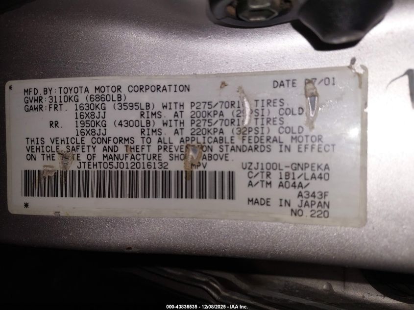 2001 Toyota Land Cruiser VIN: JTEHT05J012016132 Lot: 43836535