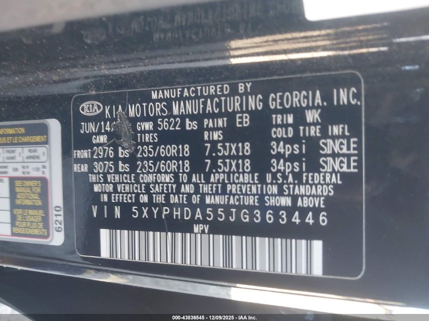 2018 Kia Sorento 3.3L Ex VIN: 5XYPHDA55JG363446 Lot: 43836545