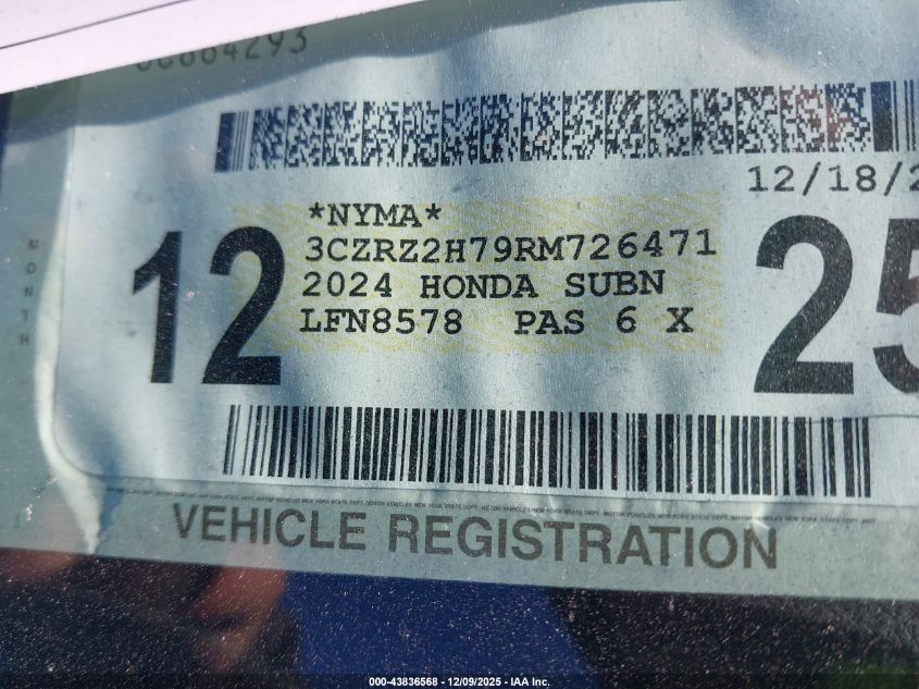 2024 Honda Hr-V Awd Ex-L/Awd Ex-L W/O Bsi VIN: 3CZRZ2H79RM726471 Lot: 43836568