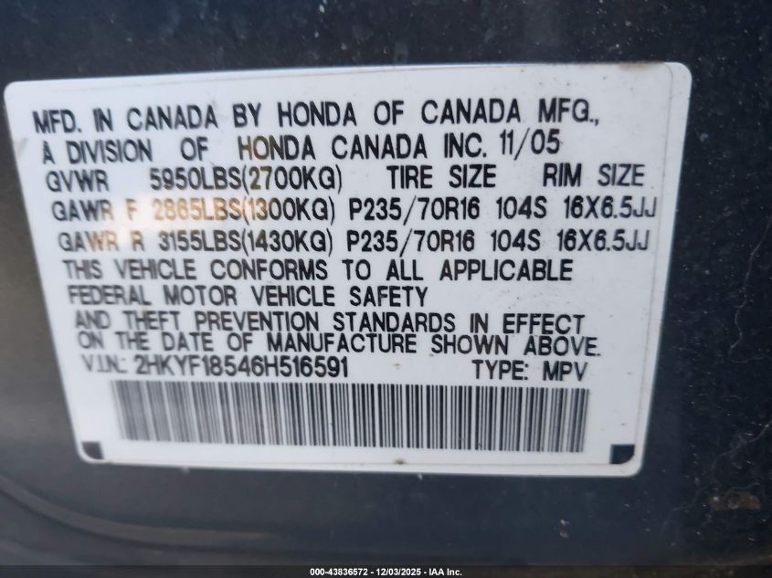 2006 Honda Pilot Ex-L VIN: 2HKYF18546H516591 Lot: 43836572