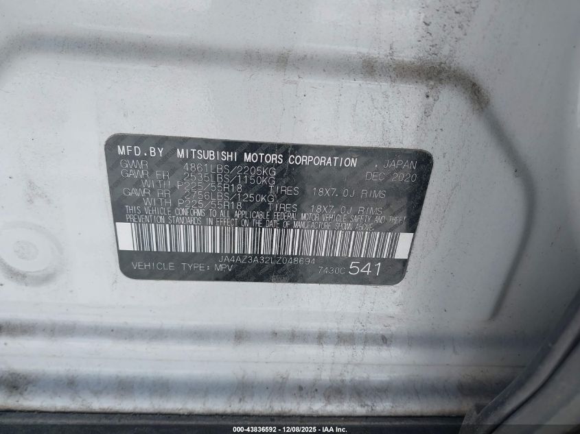 2020 Mitsubishi Outlander Es 2.4 S-Awc/Le 2.4 S-Awc/Se 2.4 S-Awc/Sel 2.4 S-Awc/Sp 2.4 S-Awc VIN: JA4AZ3A32LZ048694 Lot: 43836592