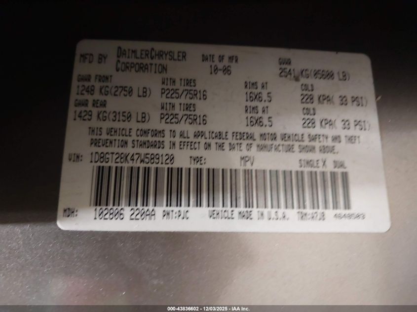 2007 Dodge Nitro Sxt VIN: 1D8GT28K47W589120 Lot: 43836602