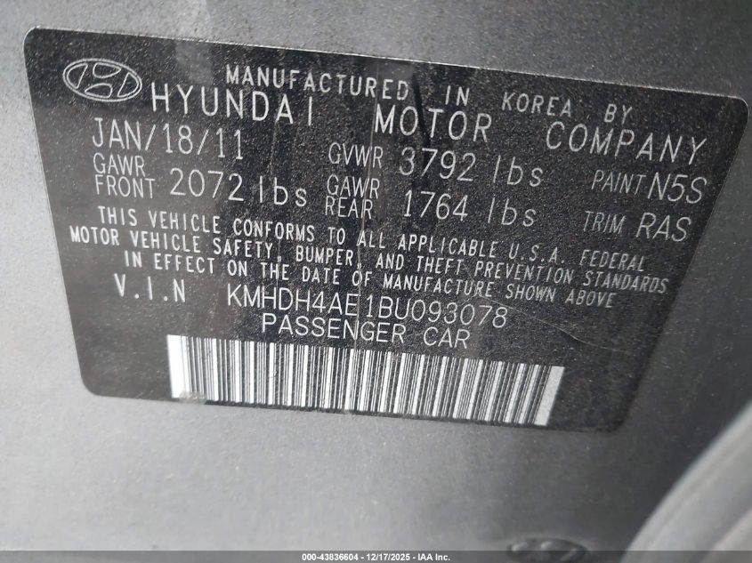 2011 Hyundai Elantra Gls (Ulsan Plant) VIN: KMHDH4AE1BU093078 Lot: 43836604