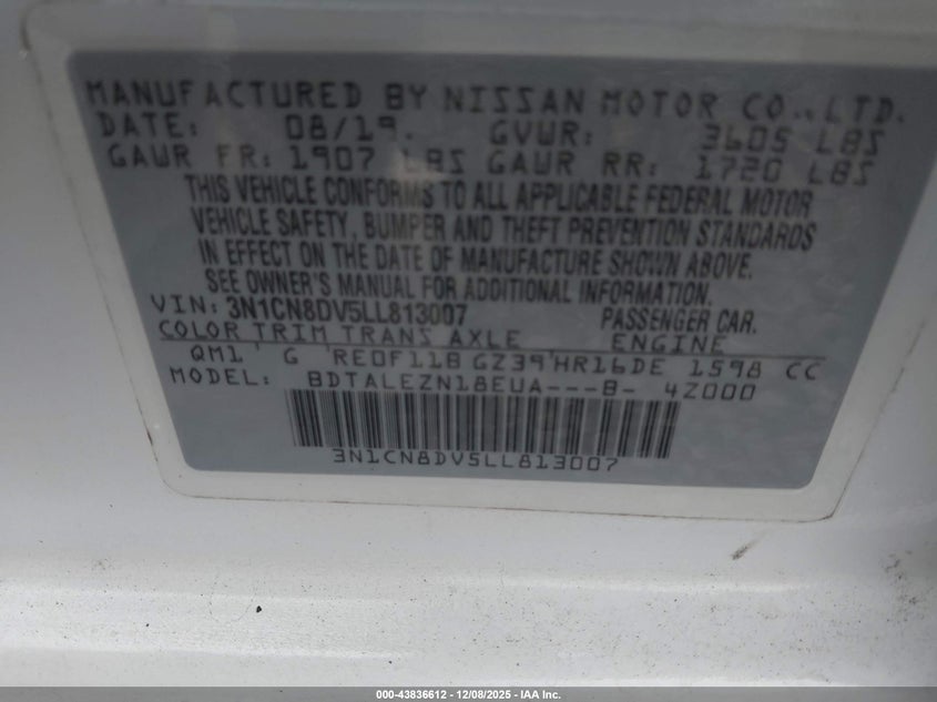 3N1CN8DV5LL813007 2020 NISSAN VERSA photo no. 9
