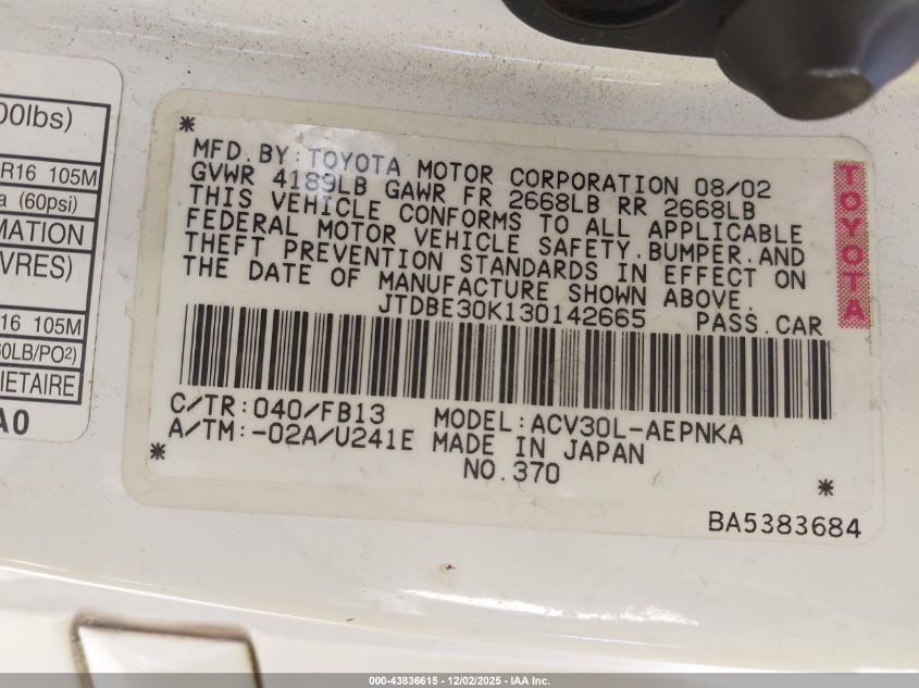 2003 Toyota Camry Le/Se/Xle VIN: JTDBE30K130142665 Lot: 43836615