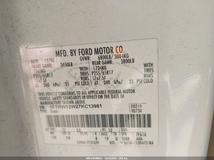 2007 Ford F-150 Xlt VIN: 1FTRW12W27KC13981 Lot: 43836624