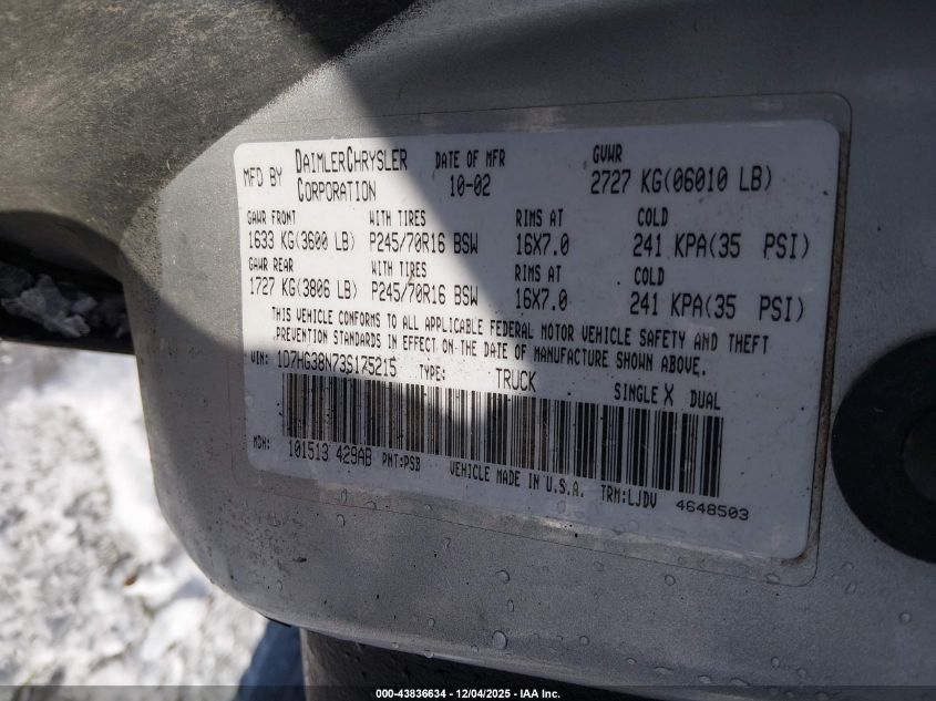 2003 Dodge Dakota Sport/Sxt VIN: 1D7HG38N73S175215 Lot: 43836634