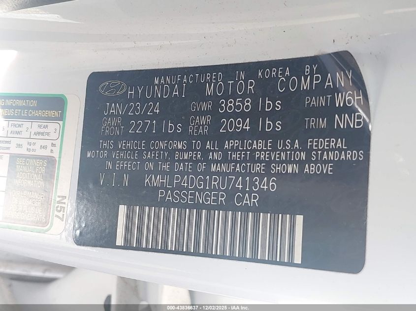 2024 Hyundai Elantra Limited VIN: KMHLP4DG1RU741346 Lot: 43836637
