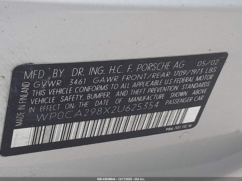 2002 Porsche Boxster VIN: WP0CA298X2U625354 Lot: 43836644