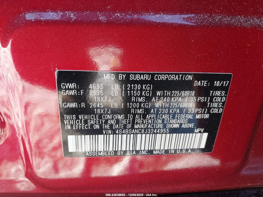 2018 Subaru Outback 2.5I Limited VIN: 4S4BSANC8J3244955 Lot: 43836650