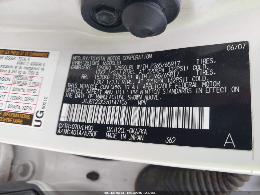 2007 Lexus Gx 470 VIN: JTJBT20X370147106 Lot: 43836653