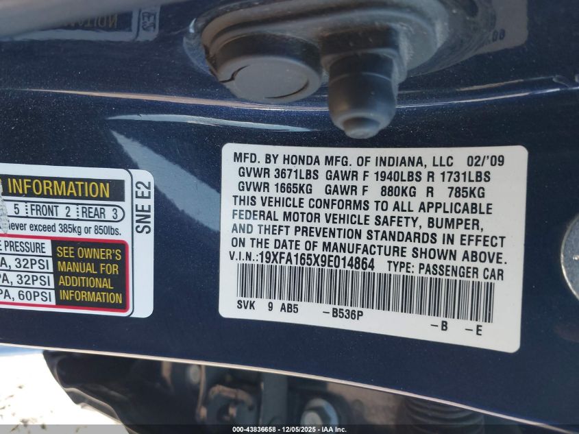 2009 Honda Civic Lx VIN: 19XFA165X9E014864 Lot: 43836658
