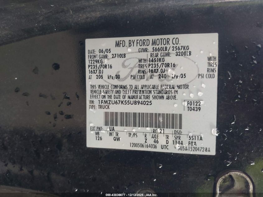 2005 Ford Explorer Sport Trac Adrenalin/Xls/Xlt VIN: 1FMZU67K55UB94025 Lot: 43836677