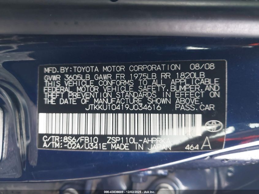 2009 Scion Xd VIN: JTKKU10419J034616 Lot: 43836689