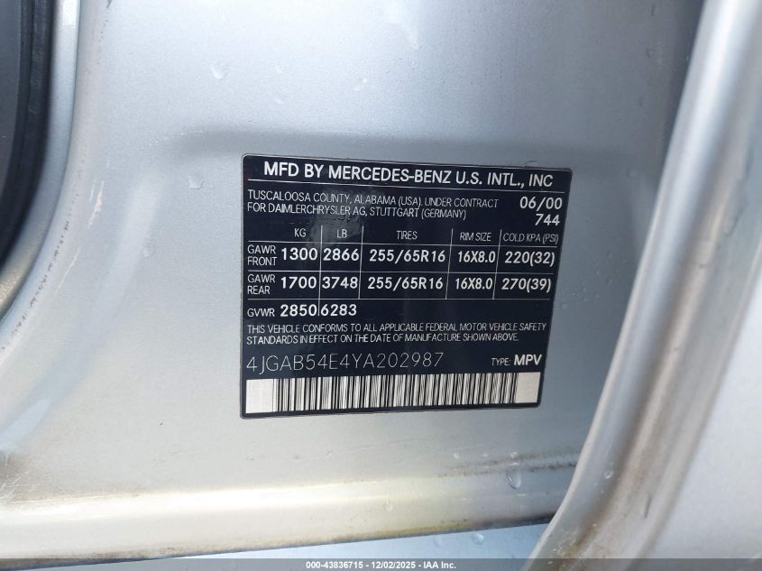 2000 Mercedes-Benz Ml 320 VIN: 4JGAB54E4YA202987 Lot: 43836715