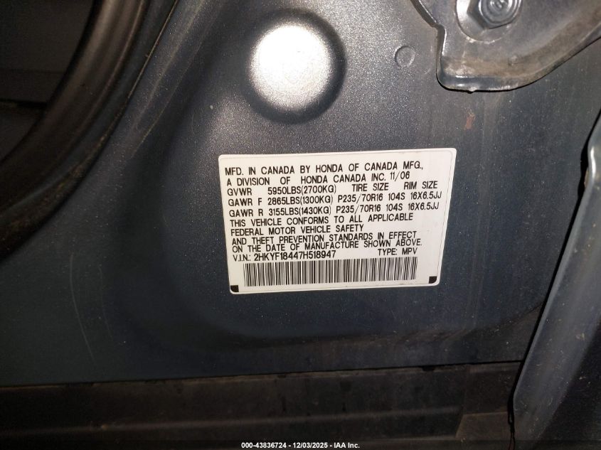 2007 Honda Pilot Ex VIN: 2HKYF18447H518947 Lot: 43836724