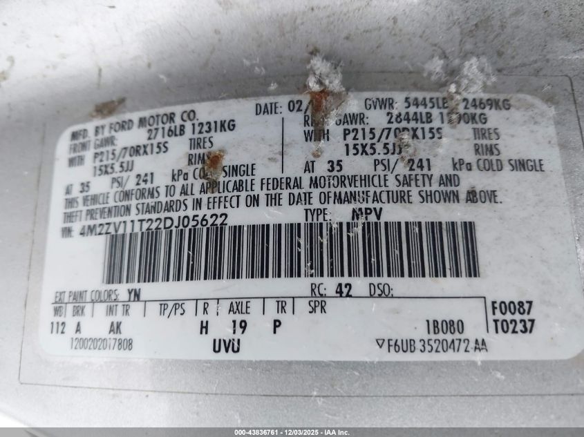 2002 Mercury Villager VIN: 4M2ZV11T22DJ05622 Lot: 43836761