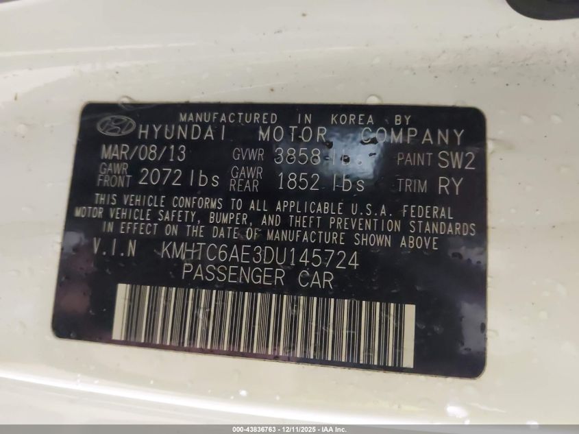 2013 Hyundai Veloster Turbo W/Black VIN: KMHTC6AE3DU145724 Lot: 43836763