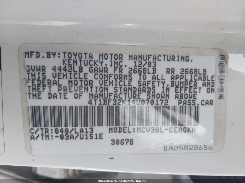 2004 Toyota Camry Xle V6 VIN: 4T1BF32K14U070172 Lot: 43836765