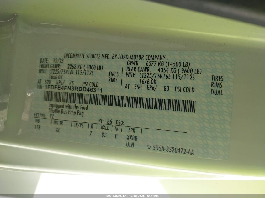 2024 Ford E-450 Cutaway VIN: 1FDFE4FN3RDD46311 Lot: 43836767