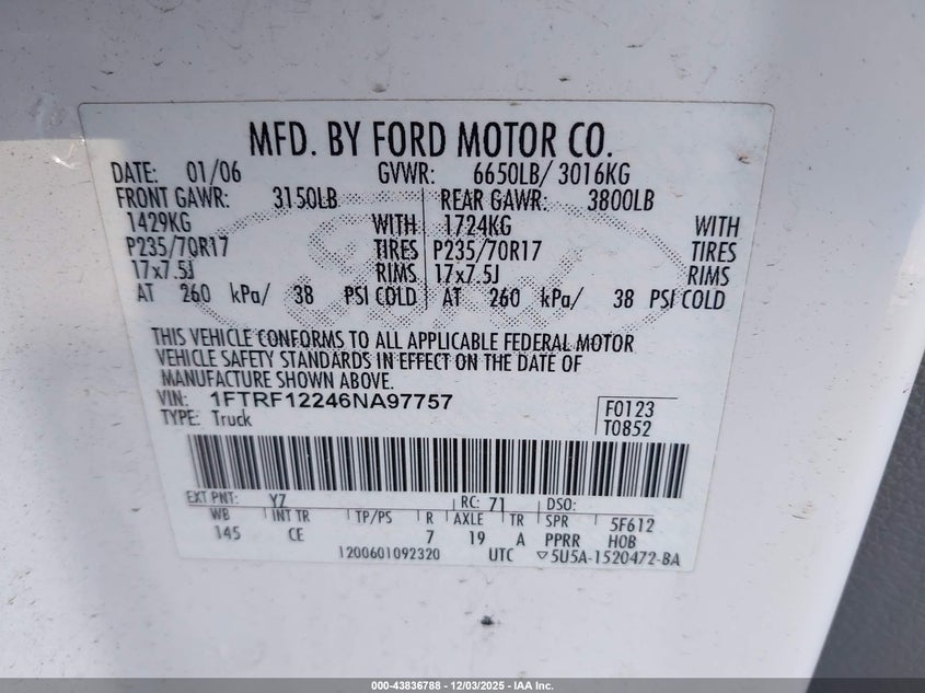 2006 FORD F-150 TRUCK 4.2L V-6 202HP