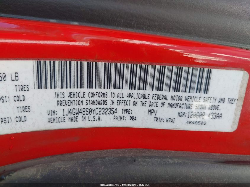 2000 Jeep Grand Cherokee Laredo VIN: 1J4GW48S0YC232354 Lot: 43836792