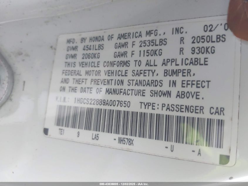 2009 Honda Accord 3.5 Ex-L VIN: 1HGCS22889A007650 Lot: 43836805